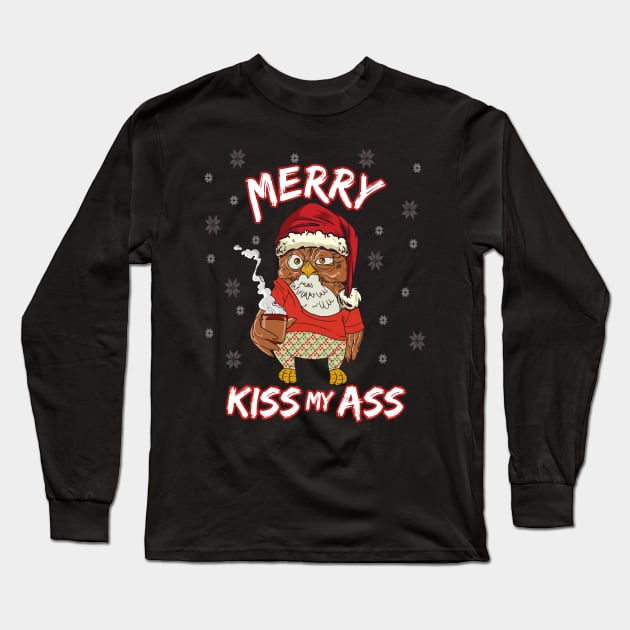 Ugly Christmas Sweater Owl | Merry Kiss My Ass Long Sleeve T-Shirt by MGO Design